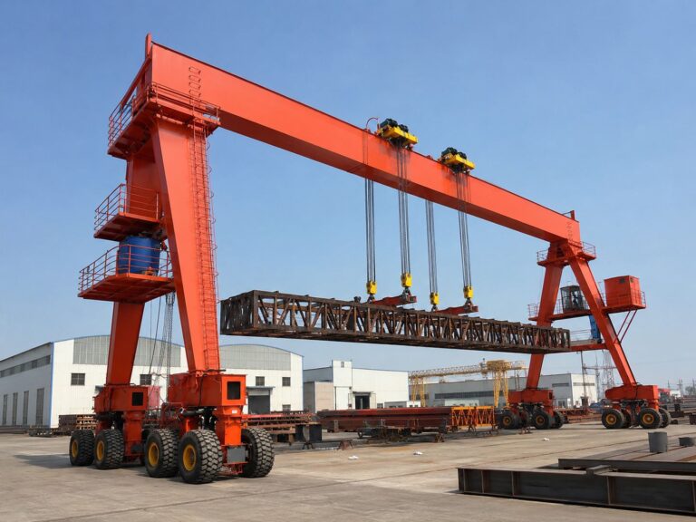 Red A-frame rubber-tired gantry crane lifting a long steel truss