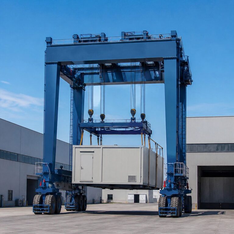 Rubber-tired straddle carrier lifting a complete modular building unit