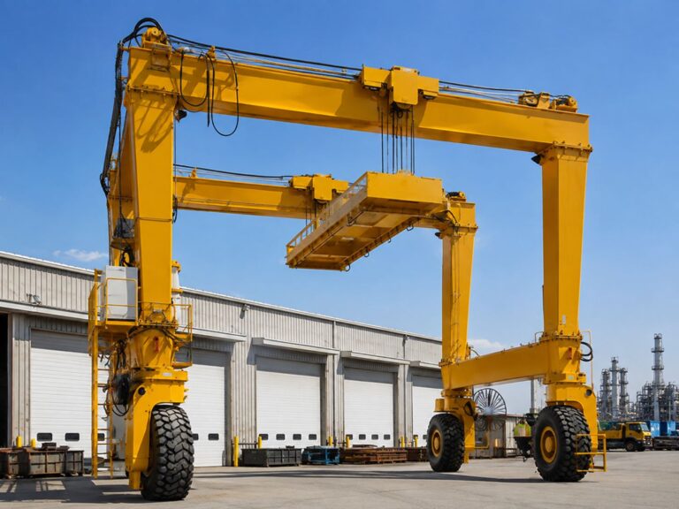 Double rubber-tired gantry crane in a heavy industrial yard