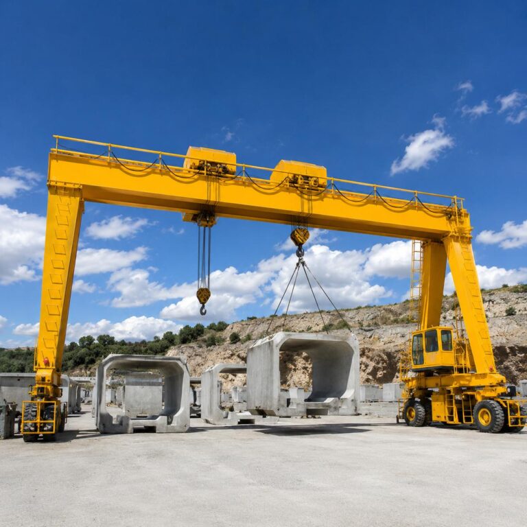 Yellow rubber-tired gantry carrier lifting a precast concrete segment in a yard