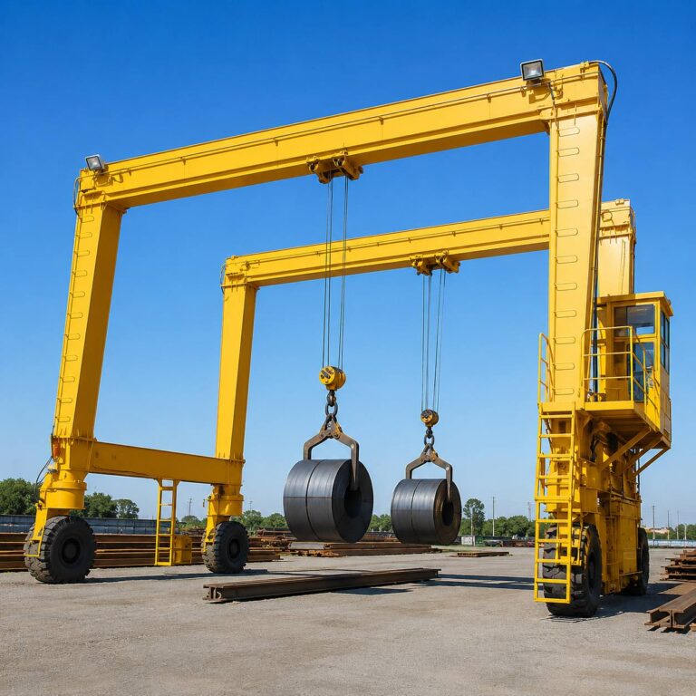 Yellow rubber-tired straddle carriers lifting steel coils in an outdoor steel yard