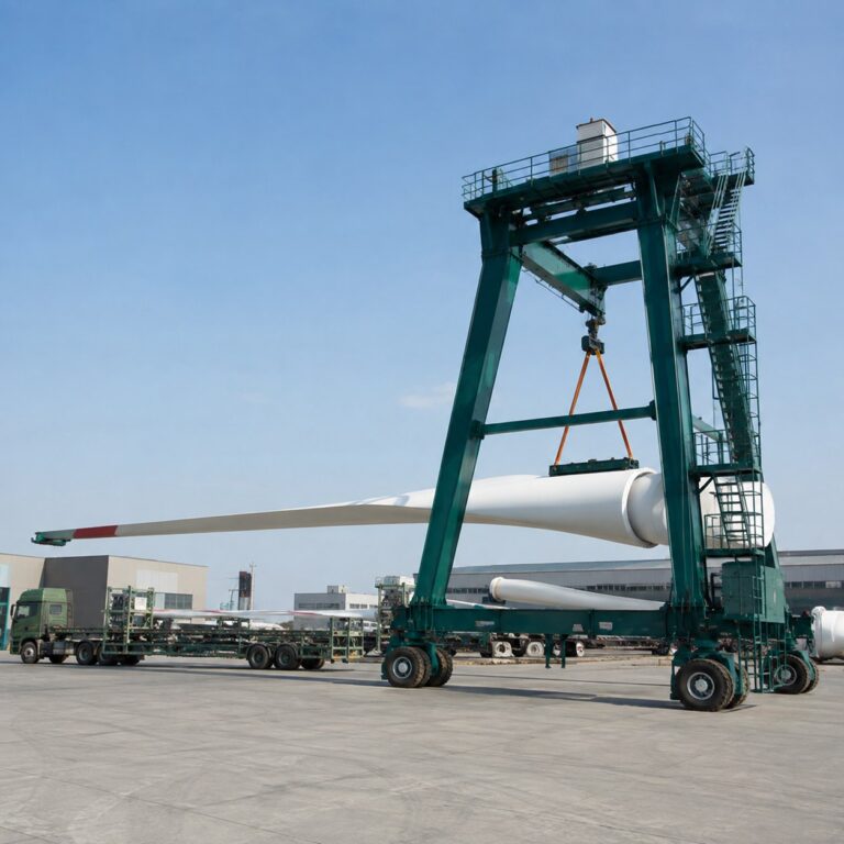 Mobile straddle carrier lifting a wind turbine blade in an outdoor production yard