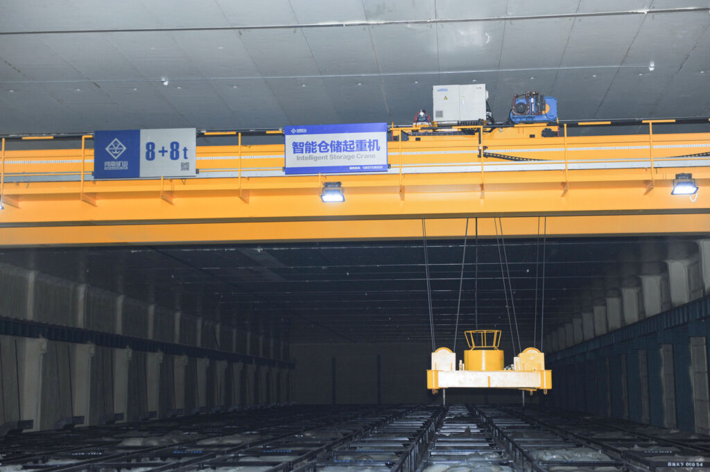 Intelligent 8+8 t storage crane with bin handling attachment in a garlic cold store