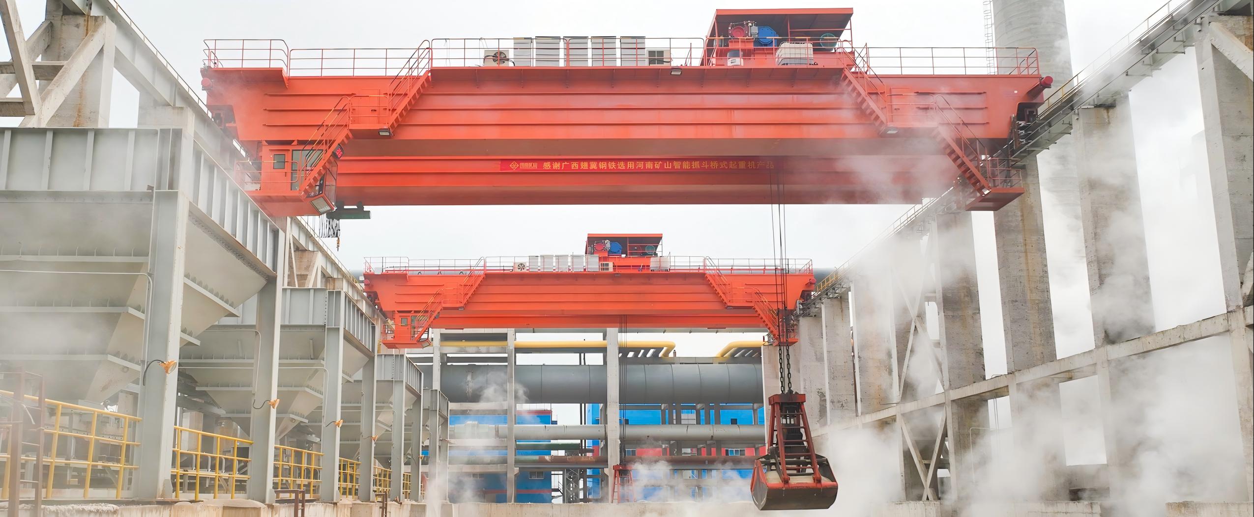Grab overhead crane operating above a blast furnace material handling area