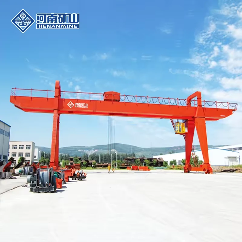 Red MG-series double-girder hook gantry in a paved yard