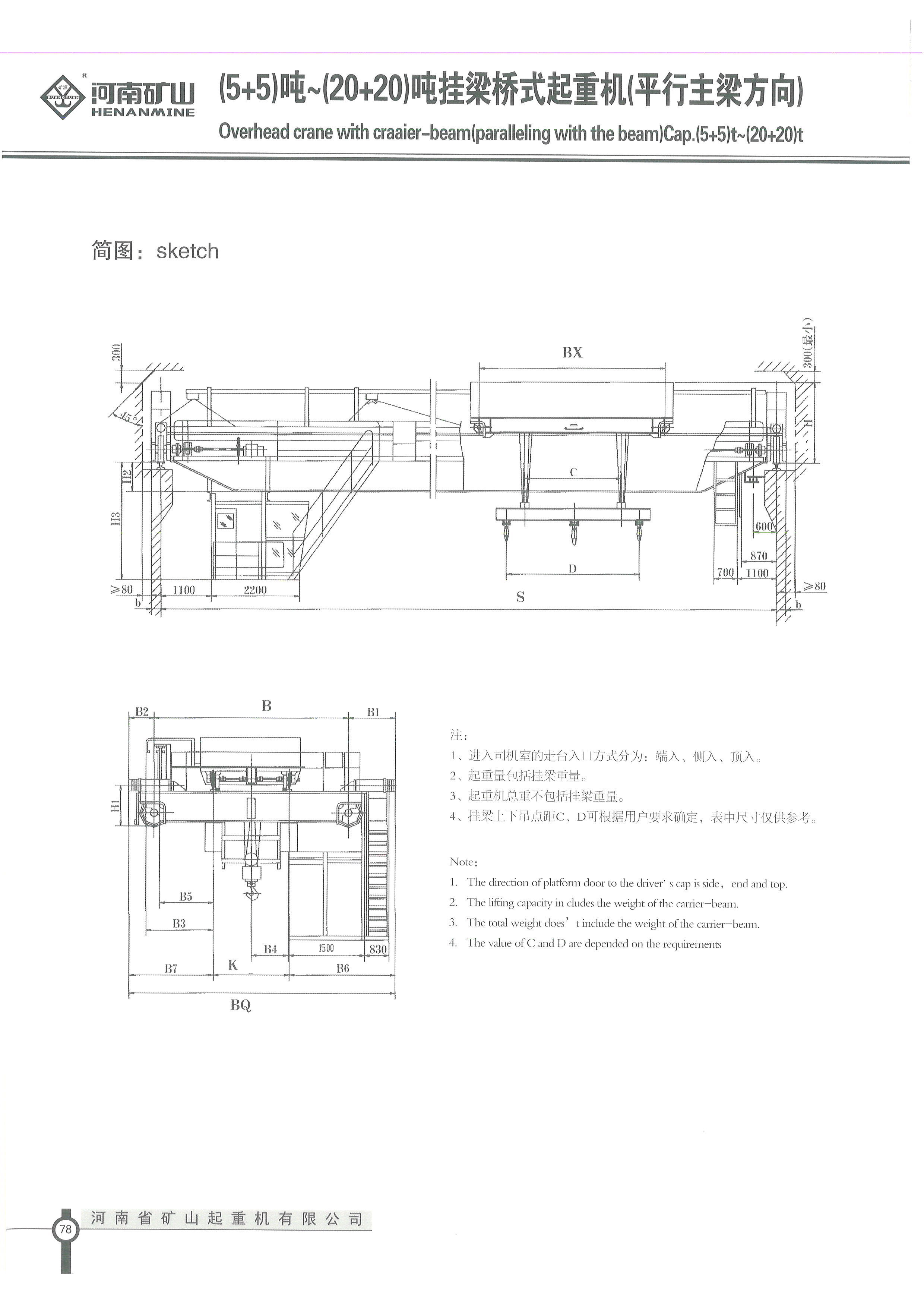 Henan Mine Crane manufacturer technical drawing of a fixed carrier beam parallel to the bridge girders