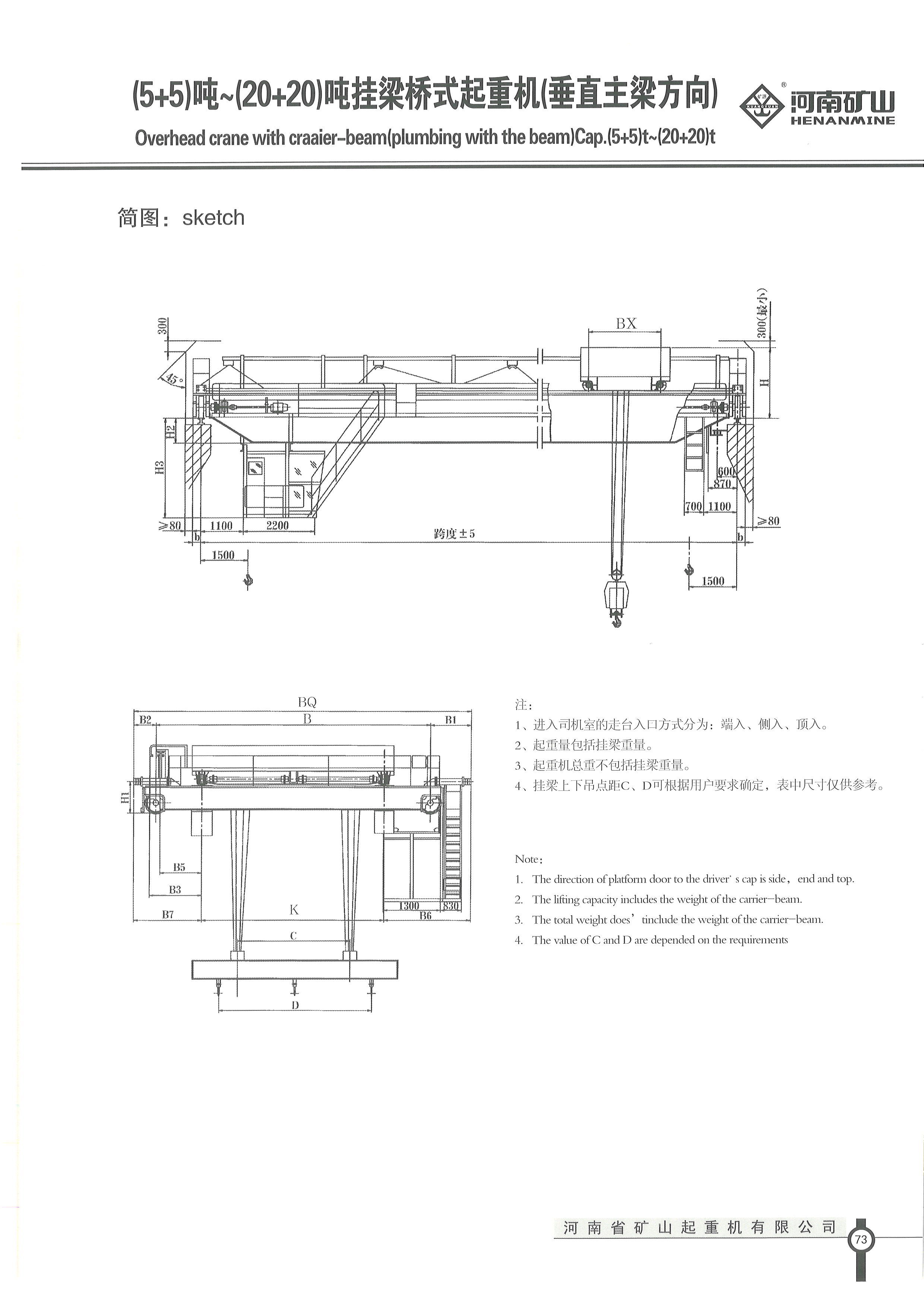 Henan Mine Crane manufacturer technical drawing of a fixed carrier beam perpendicular to the bridge girders