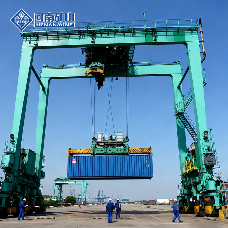 Container RTG lifting a blue container with a spreader between its rubber-tired travel bogies