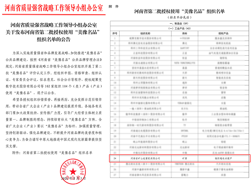 Provincial quality-brand authorisation document for Kuangyuan wire rope hoists