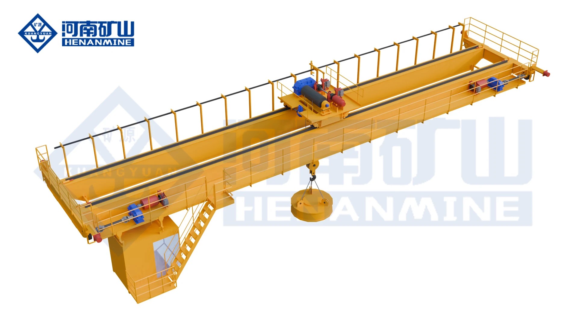 QC double-girder overhead crane rendering with a hook-suspended circular electromagnet