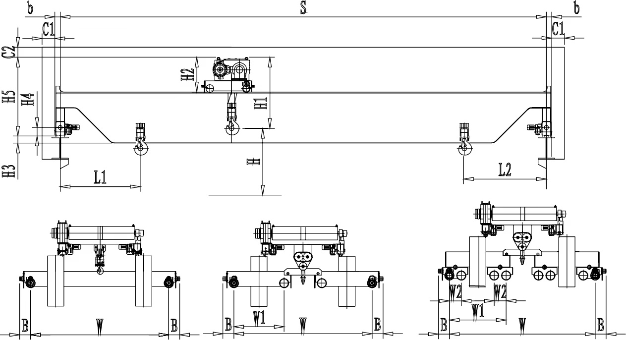 Double-girder hook crane general arrangement drawing showing trolley and bridge dimensions