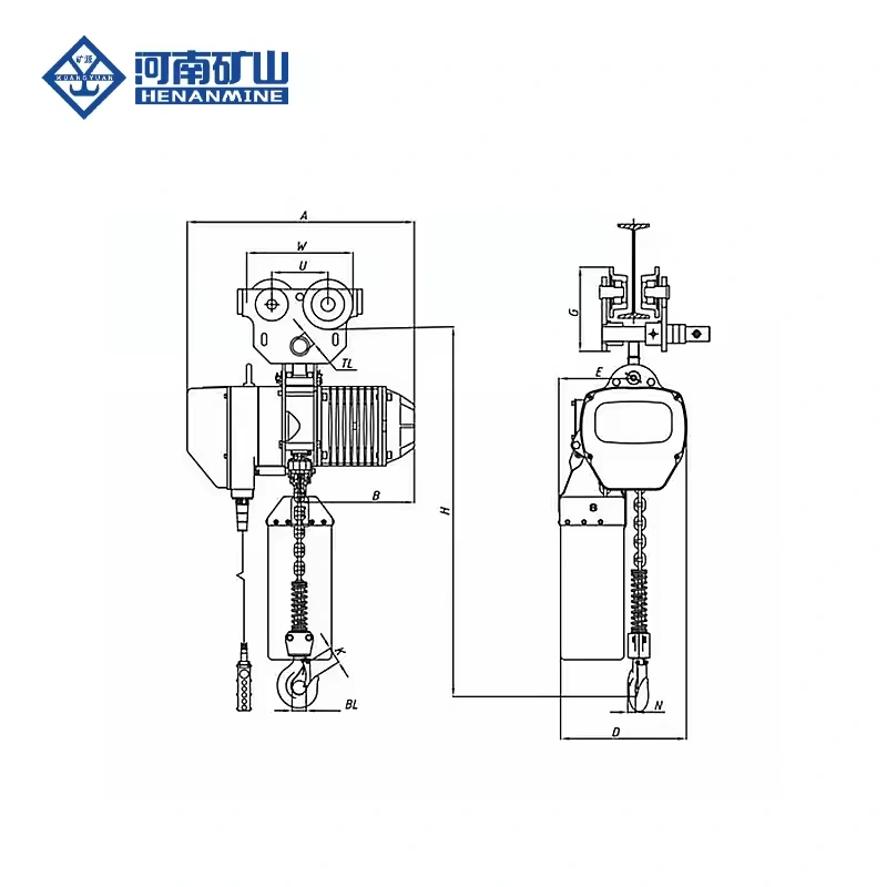 General arrangement drawing of a trolley-mounted electric chain hoist