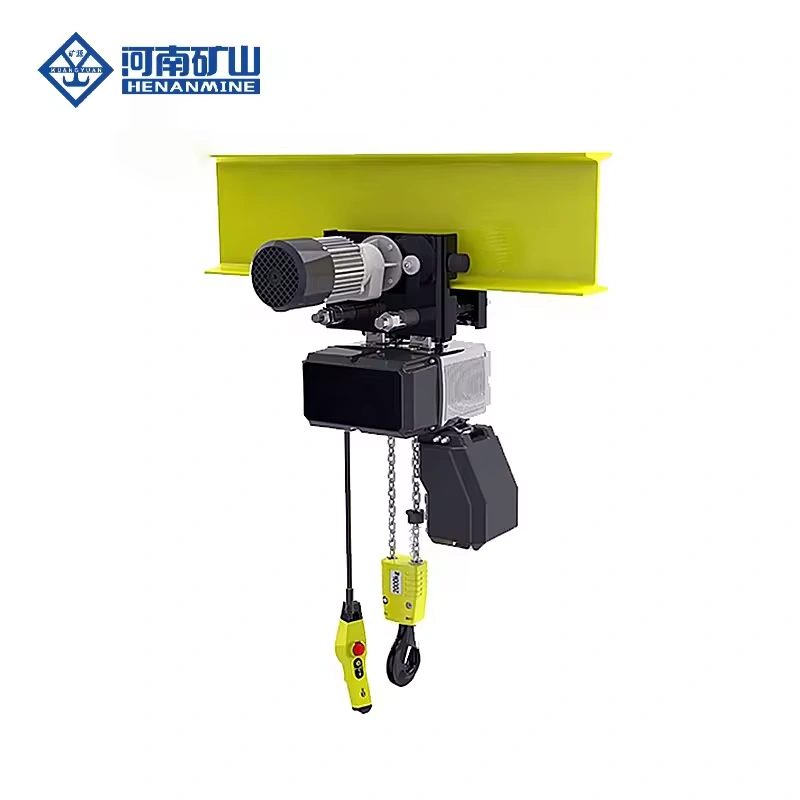 Illustration of an electric chain hoist suspended from a motorised beam trolley