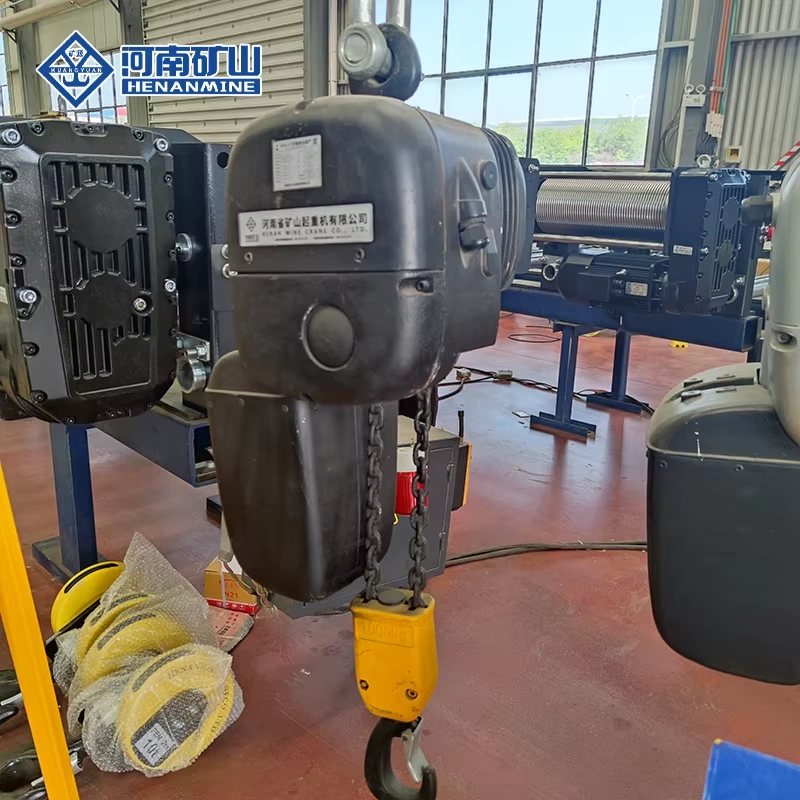 Electric chain hoist with top suspension and load hook on a workshop display