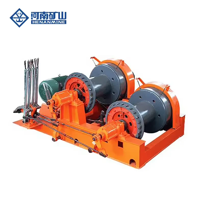 Orange electric winch assembly with two separate rope drums mounted on one base