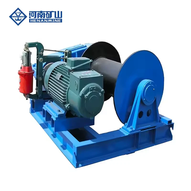 Blue JK-series winch showing its wire rope drum and adjacent drive components