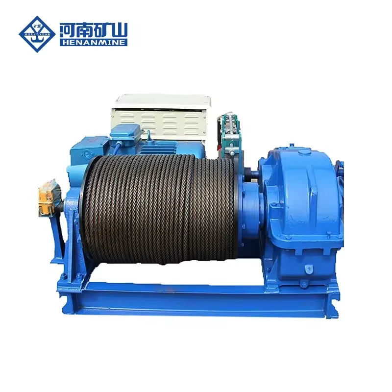 Blue JK-series electric wire rope winch with rope drum and drive assembly