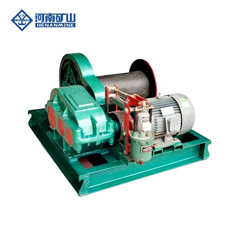 Green JK-series electric wire rope winch with visible drum and drive assembly
