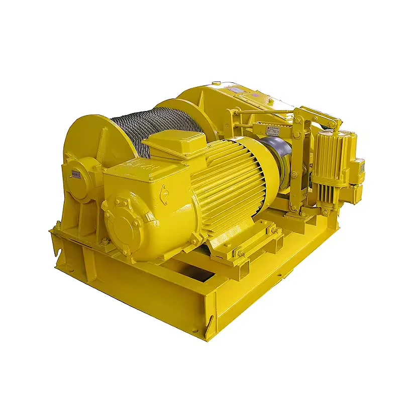 Yellow JK-series wire rope winch showing the electric motor and geared drive