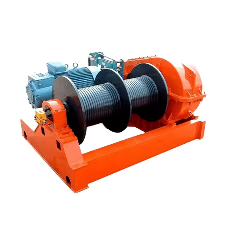 Orange electric winch assembly with two separate wire rope drums on a common base