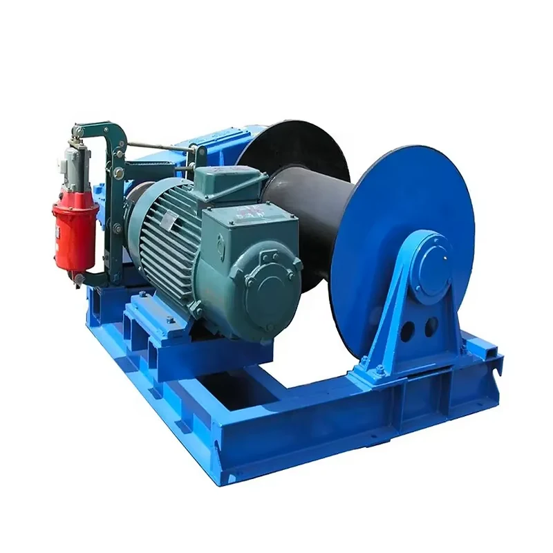 Complete blue electric wire rope winch with drum, drive and steel base