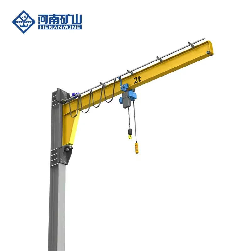 Illustration of a wall-mounted jib crane with electric hoist and wall support brackets