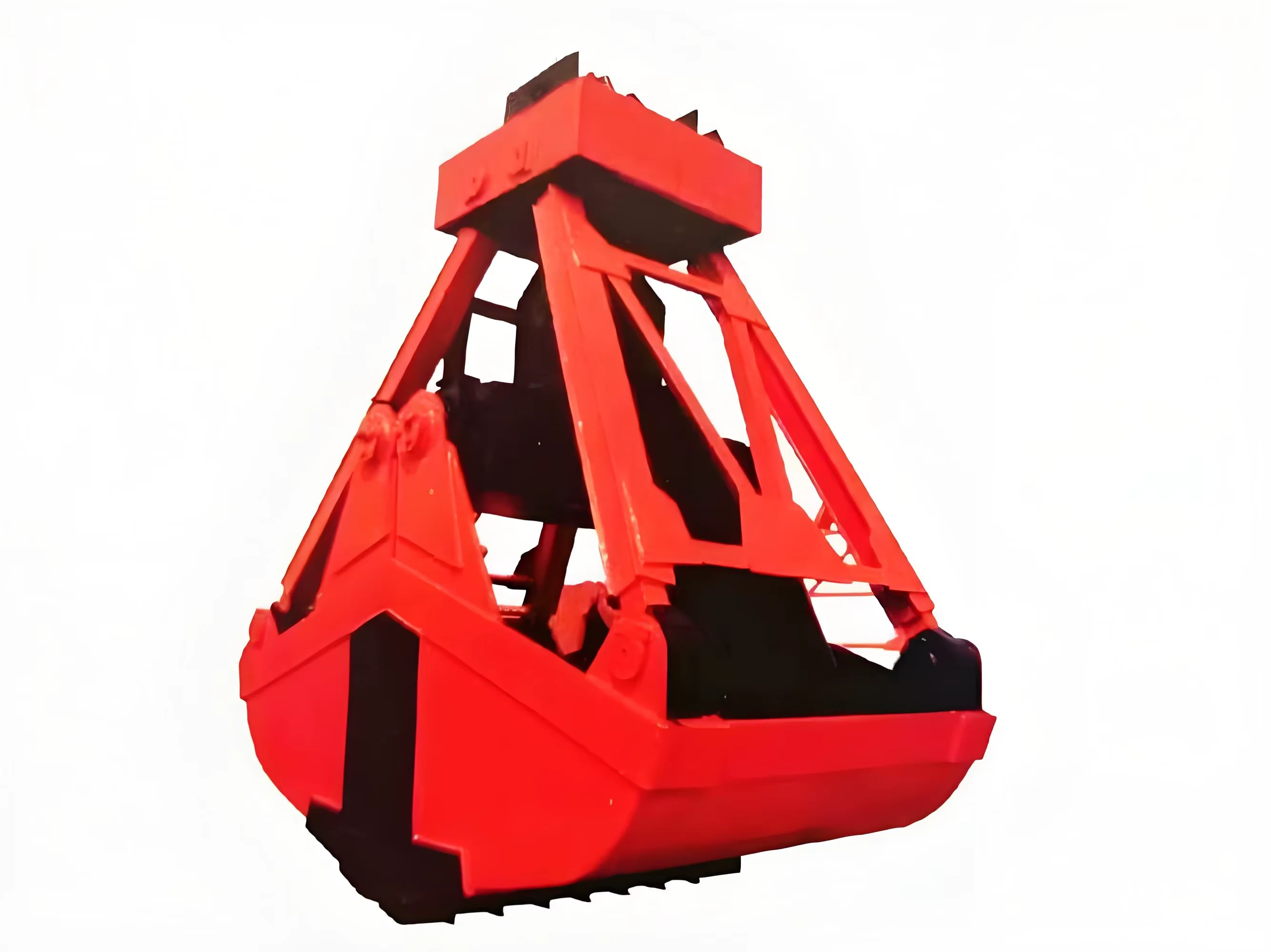 Red two-jaw clamshell grab bucket shown complete on a plain background