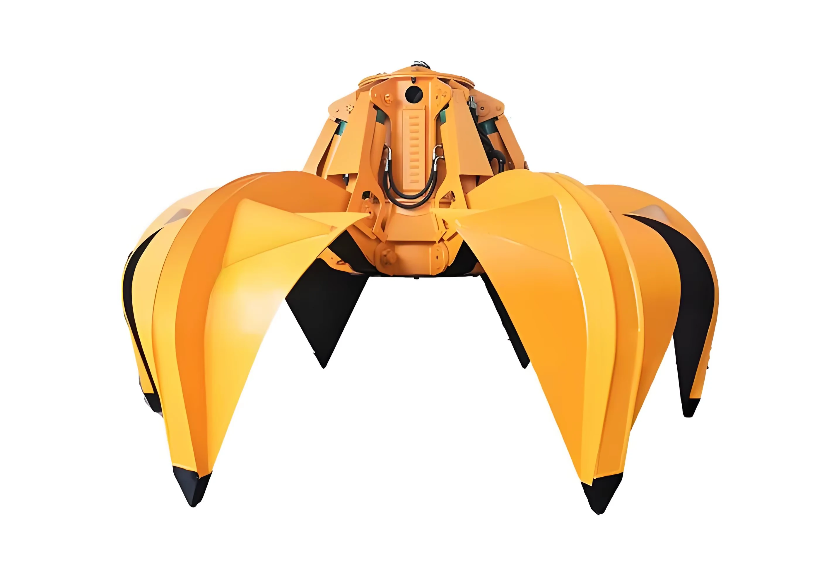 Complete orange multi-petal grab with open curved tines and central housing