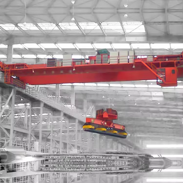 Overhead crane with a circular lifting magnet in a workshop