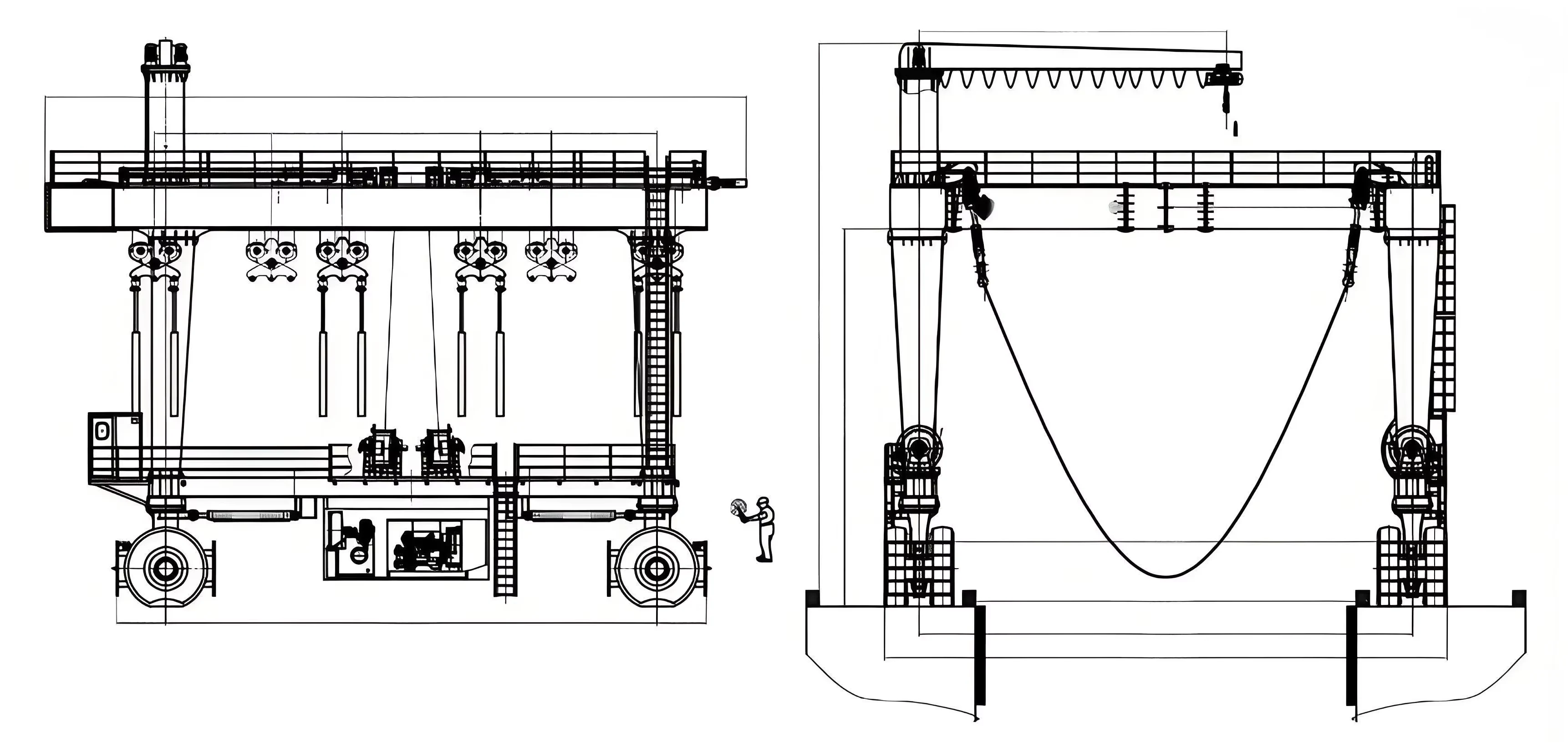 Front and side outline of a rubber-tyred marine travel lift and hanging slings