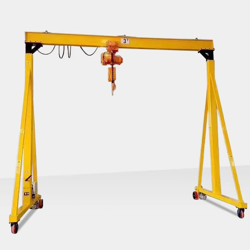 Illustrated freestanding single-girder gantry crane with trolley, hoist and caster wheels
