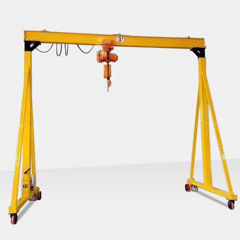 Yellow single-girder portable gantry frame with chain hoist and wheeled A-frame supports