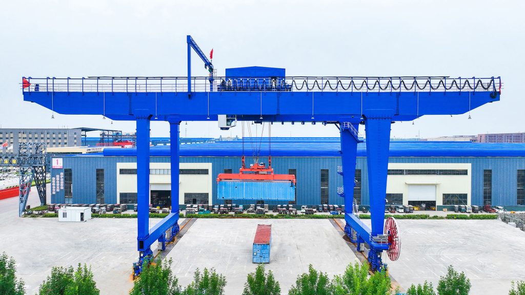 Automated rail-mounted container gantry crane with blue steel structure